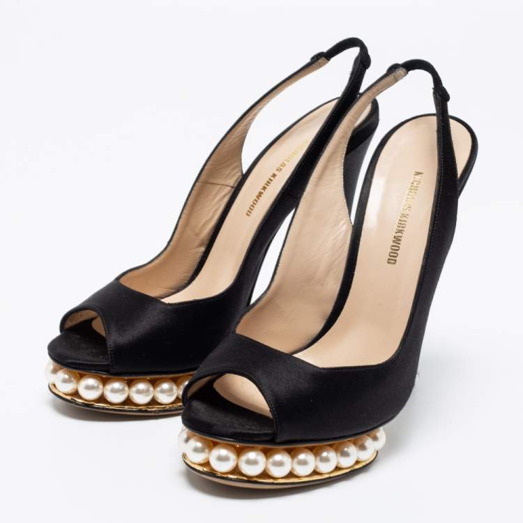 Pre Owned Nicholas Kirkwood Black Satin Peep-Toe Faux Pearl Embellished Platform Slingback Sandals Size 37