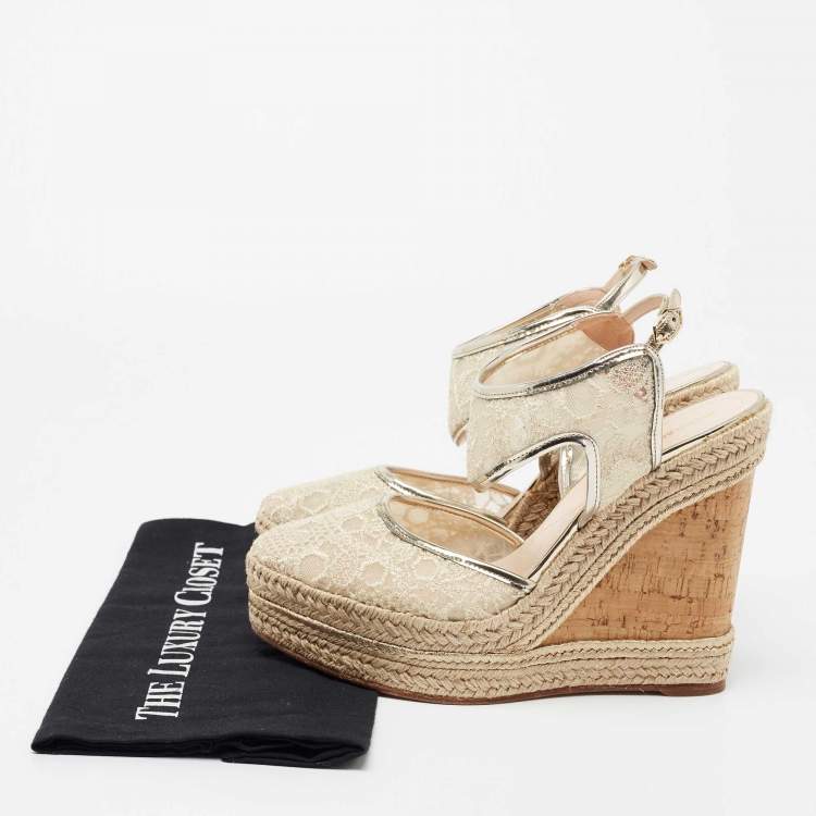 Pre Owned Nicholas Kirkwood Light Gold Lace Espadrille Platform Wedge Slingback Pumps Size 40