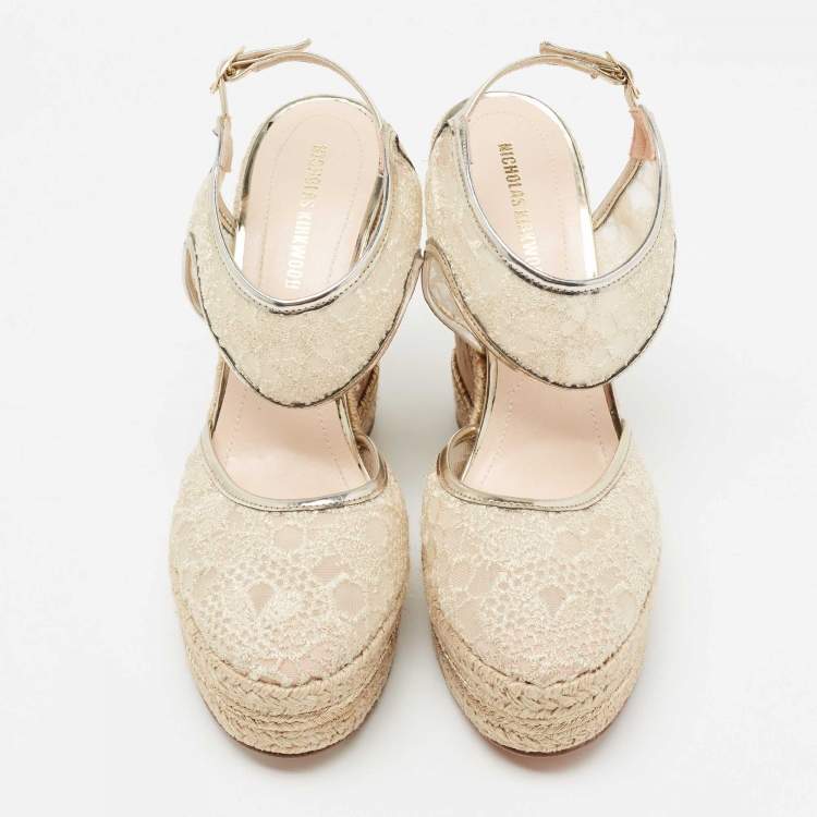 Pre Owned Nicholas Kirkwood Light Gold Lace Espadrille Platform Wedge Slingback Pumps Size 40