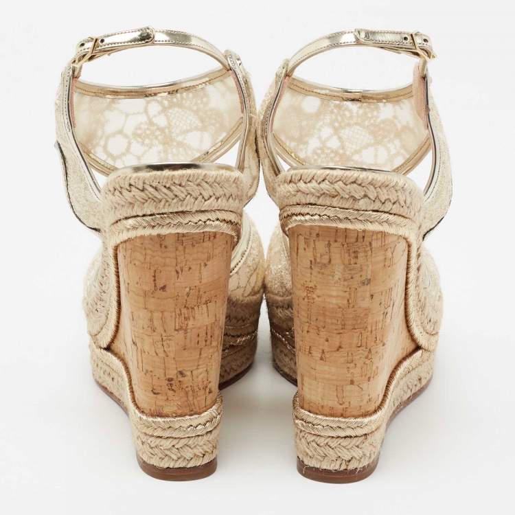 Pre Owned Nicholas Kirkwood Light Gold Lace Espadrille Platform Wedge Slingback Pumps Size 40
