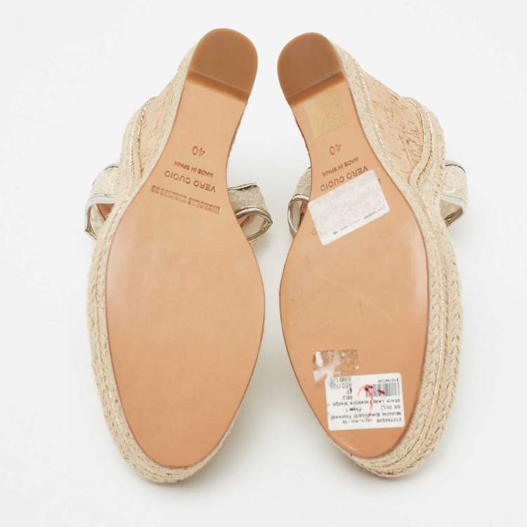 Pre Owned Nicholas Kirkwood Light Gold Lace Espadrille Platform Wedge Slingback Pumps Size 40