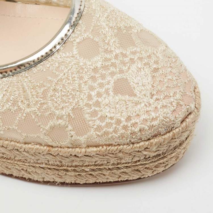 Pre Owned Nicholas Kirkwood Light Gold Lace Espadrille Platform Wedge Slingback Pumps Size 40