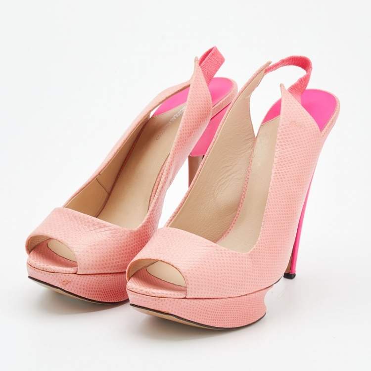 Pre Owned Nicholas Kirkwood Pink Lizard Embossed Leather Platform Peep Toe Slingback Sandals Size 41
