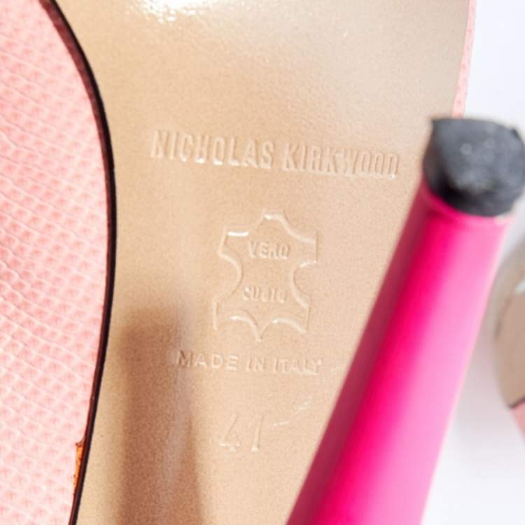 Pre Owned Nicholas Kirkwood Pink Lizard Embossed Leather Platform Peep Toe Slingback Sandals Size 41