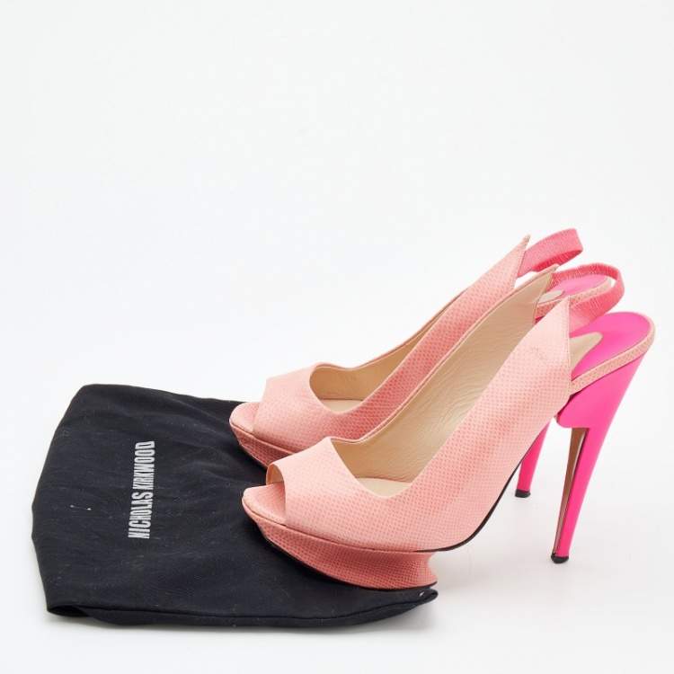 Pre Owned Nicholas Kirkwood Pink Lizard Embossed Leather Platform Peep Toe Slingback Sandals Size 41