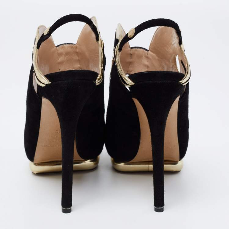 Pre Owned Nicholas Kirkwood Black/Gold Suede And Leather Platform Slingback Sandals Size 38