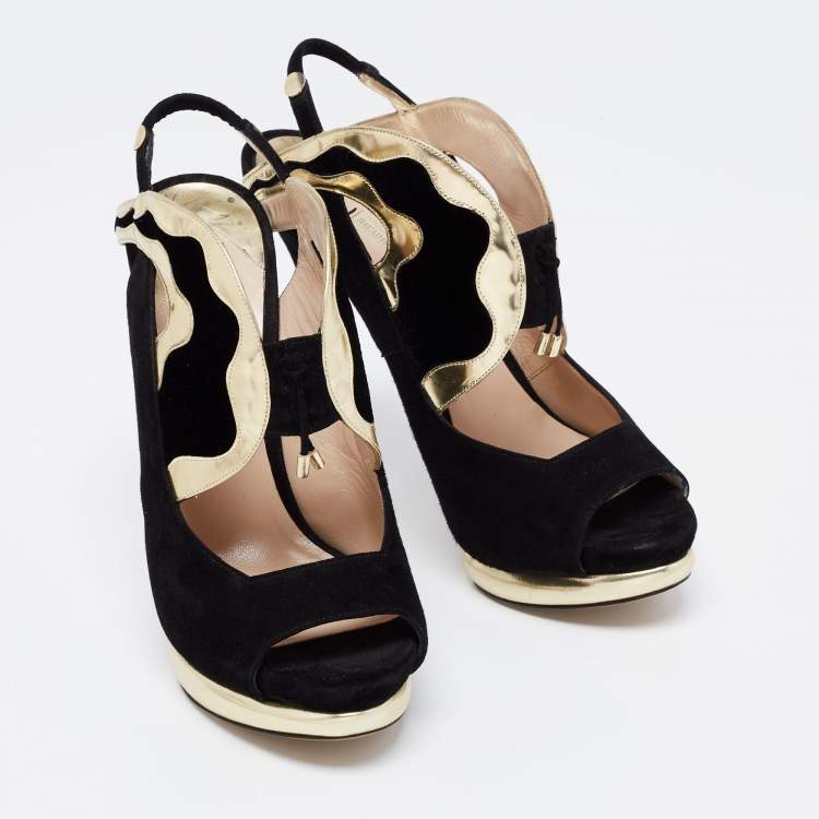 Pre Owned Nicholas Kirkwood Black/Gold Suede And Leather Platform Slingback Sandals Size 38