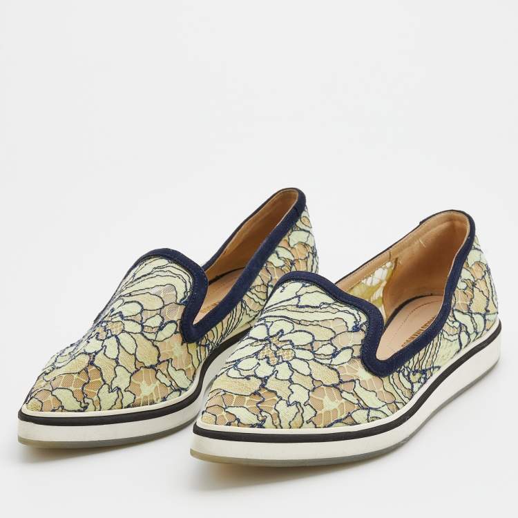 Pre Owned Nicholas Kirkwood Navy Blue/Green Lace and Suede Trim Alona Pointed Toe Platform Loafers Size 36