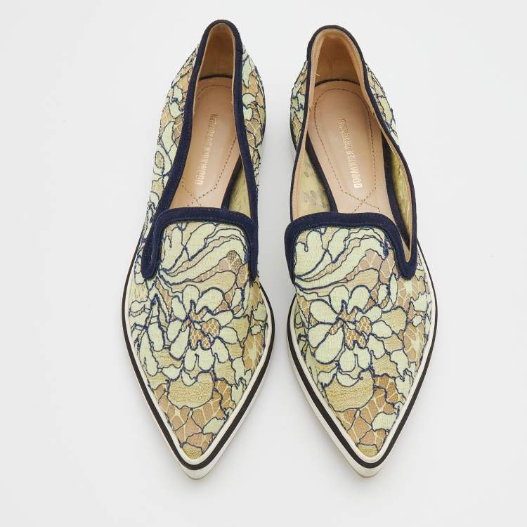 Pre Owned Nicholas Kirkwood Navy Blue/Green Lace and Suede Trim Alona Pointed Toe Platform Loafers Size 36