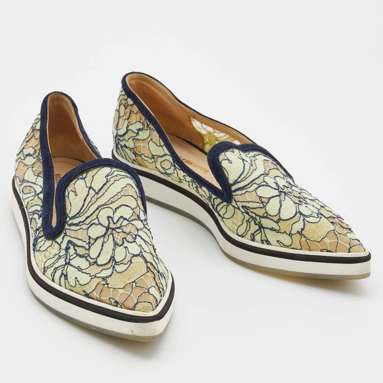 Pre Owned Nicholas Kirkwood Navy Blue/Green Lace and Suede Trim Alona Pointed Toe Platform Loafers Size 36