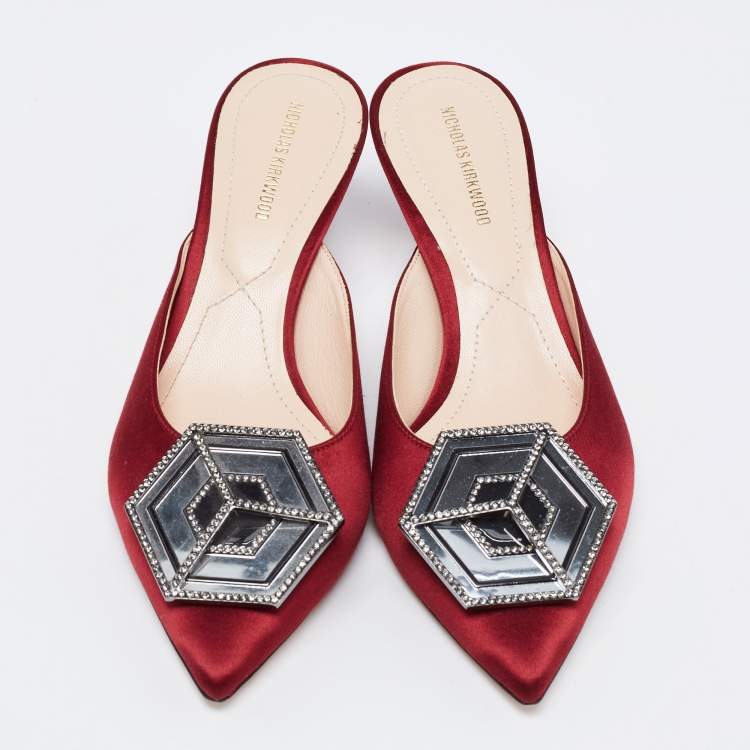 Pre Owned Nicholas Kirkwood Burgundy Satin Eden Crystal Embellished Mules Size 37