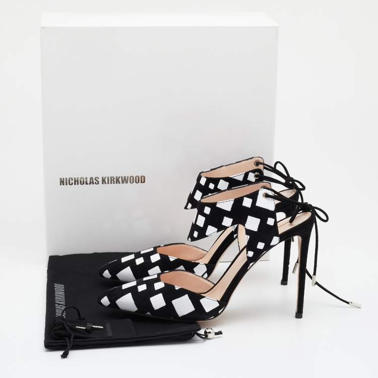 Pre Owned Nicholas Kirkwood Black/White Suede Pointed Toe Ankle Wrap Sandals Size 40
