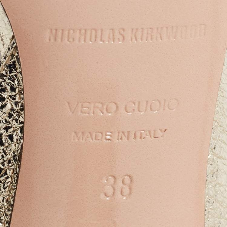 مملوكة مسبقًا Nicholas Kirkwood Light Gold Textured Leather Lola Pearl Ankle-Strap Sandals Size 38