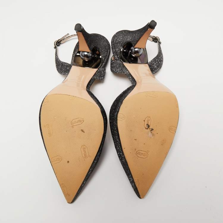 Pre Owned Nicholas Kirkwood Metallic Silver/Black Glitter Fabric Pearl Embellished Slingback Sandals Size 40