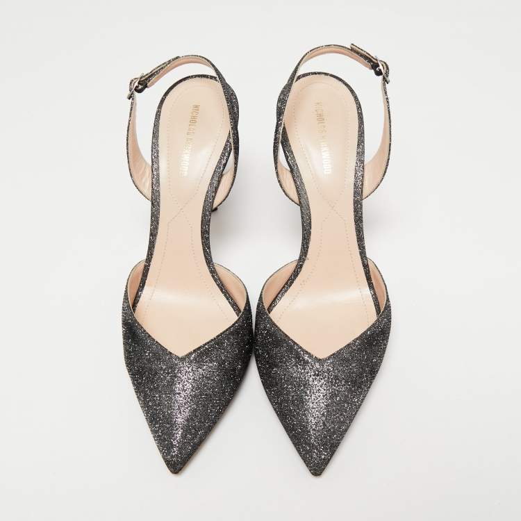 Pre Owned Nicholas Kirkwood Metallic Silver/Black Glitter Fabric Pearl Embellished Slingback Sandals Size 40