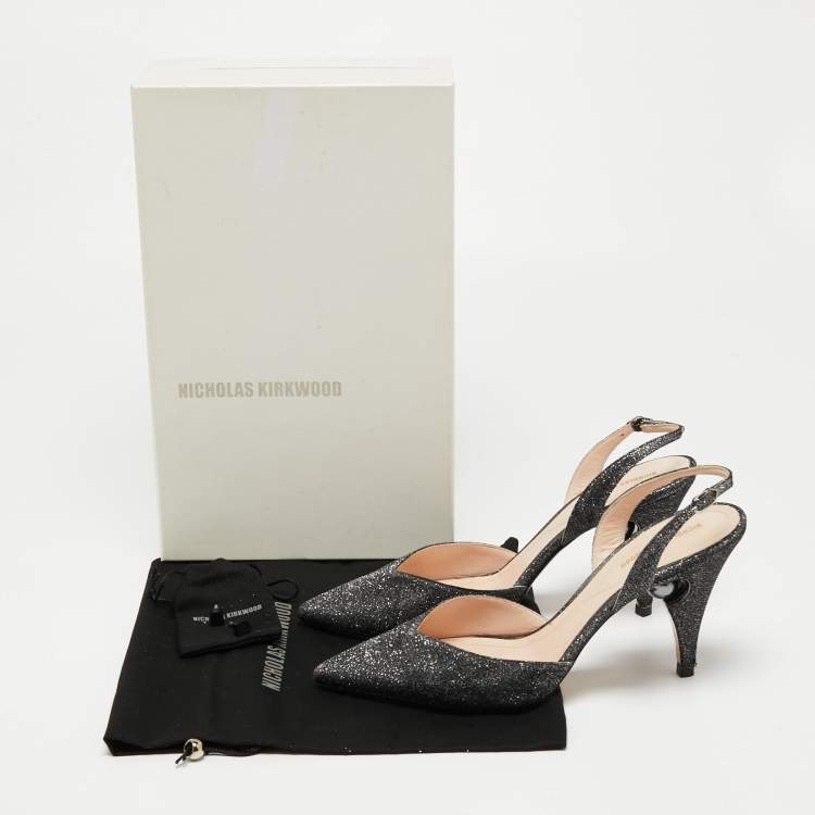 Pre Owned Nicholas Kirkwood Metallic Silver/Black Glitter Fabric Pearl Embellished Slingback Sandals Size 40