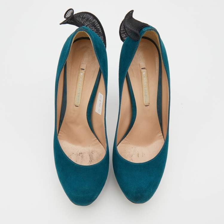 Pre Owned Nicholas Kirkwood Teal Blue/Black Suede and Ruffle Fabric Platform Pumps Size 37