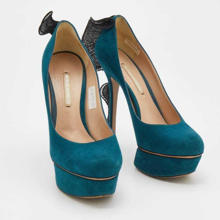 Pre Owned Nicholas Kirkwood Teal Blue/Black Suede and Ruffle Fabric Platform Pumps Size 37
