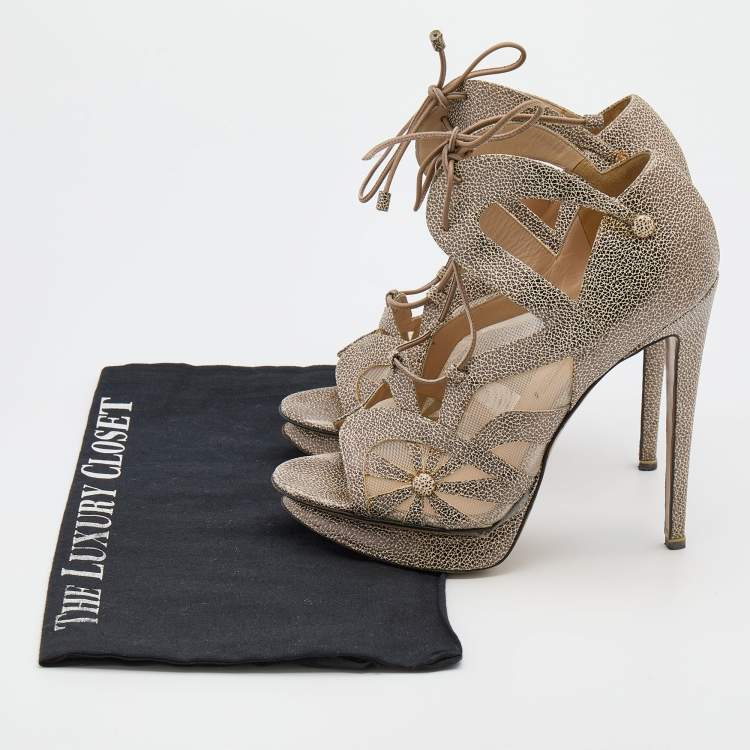 Pre Owned Nicholas Kirkwood Brown/Beige Leather and Mesh Lace Up Platform Sandals Size 37