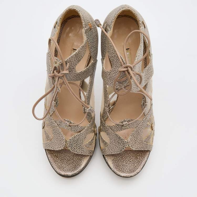 Pre Owned Nicholas Kirkwood Brown/Beige Leather and Mesh Lace Up Platform Sandals Size 37