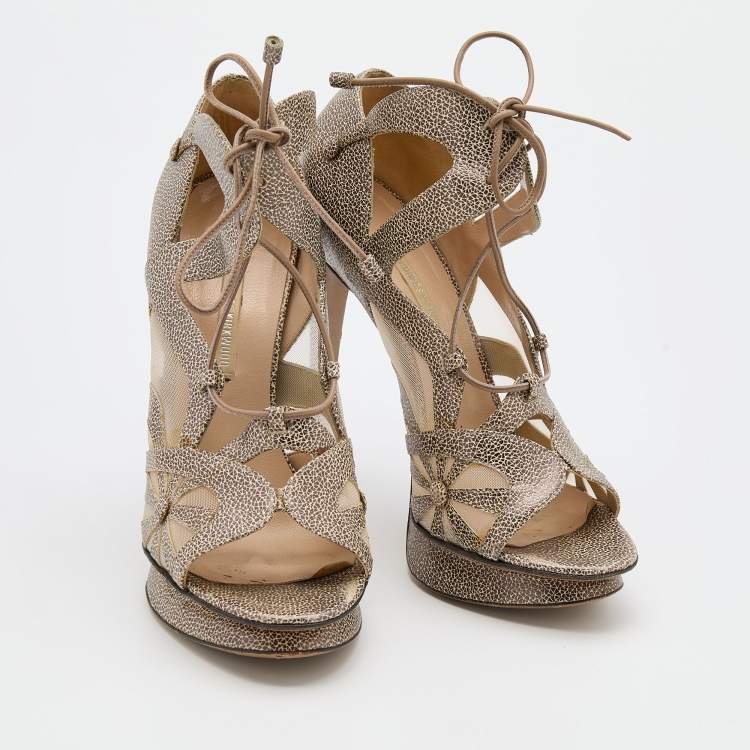 Pre Owned Nicholas Kirkwood Brown/Beige Leather and Mesh Lace Up Platform Sandals Size 37