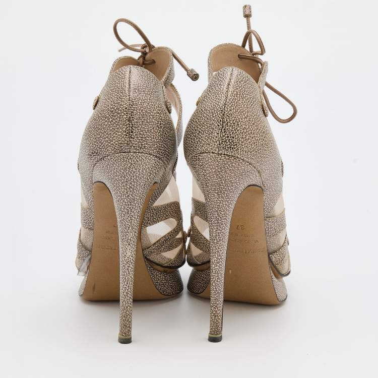 Pre Owned Nicholas Kirkwood Brown/Beige Leather and Mesh Lace Up Platform Sandals Size 37