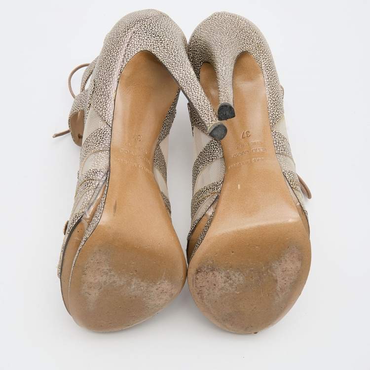 Pre Owned Nicholas Kirkwood Brown/Beige Leather and Mesh Lace Up Platform Sandals Size 37