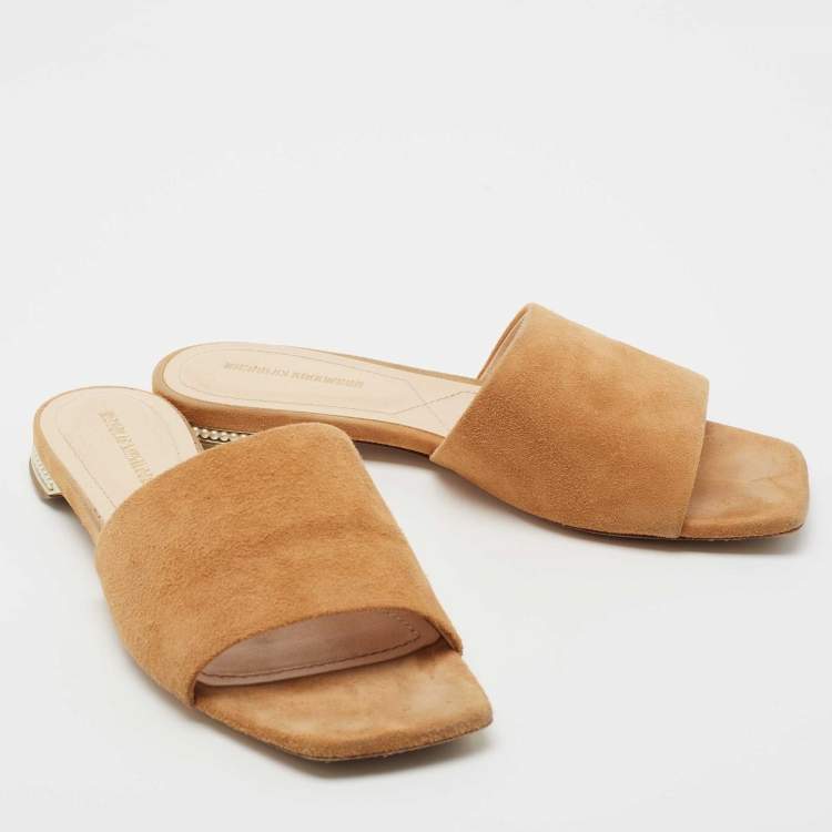 Pre Owned Nicholas Kirkwood Tan Suede Pearl Embellished Flat Slides Size 36