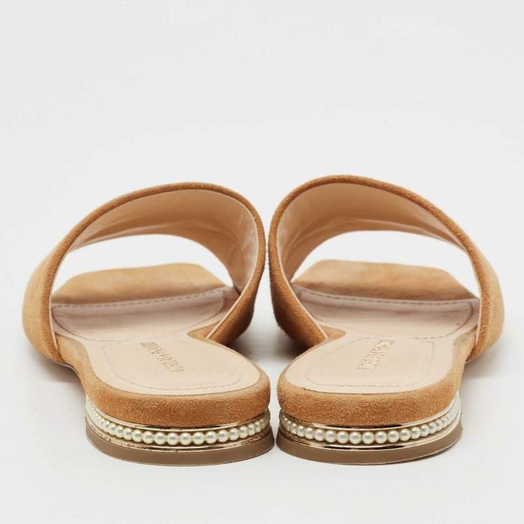 Pre Owned Nicholas Kirkwood Tan Suede Pearl Embellished Flat Slides Size 36
