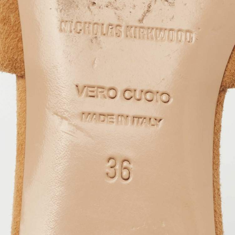 Pre Owned Nicholas Kirkwood Tan Suede Pearl Embellished Flat Slides Size 36