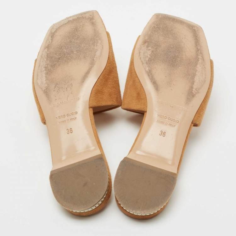 Pre Owned Nicholas Kirkwood Tan Suede Pearl Embellished Flat Slides Size 36