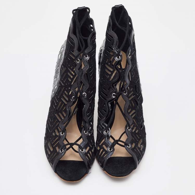Pre Owned Nicholas Kirkwood Black/Silver Laser Suede and Patent Leather Lace Up Booties Size 40.5