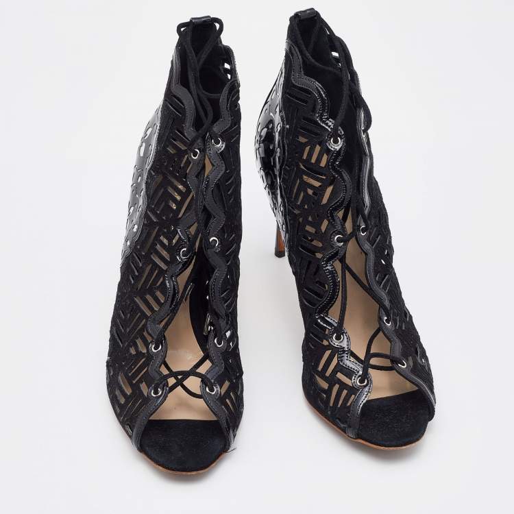 Pre Owned Nicholas Kirkwood Black/Silver Laser Suede and Patent Leather Lace Up Booties Size 40.5