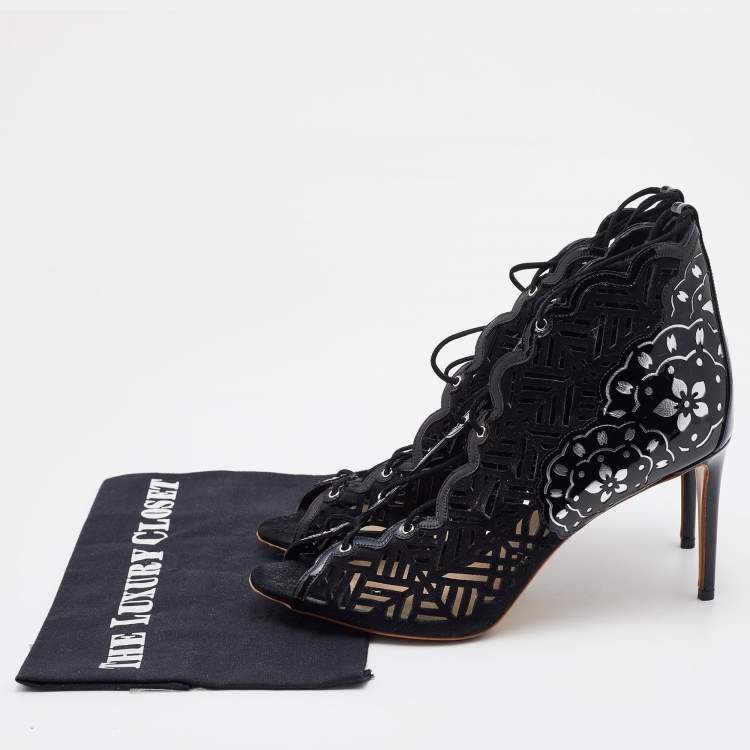 Pre Owned Nicholas Kirkwood Black/Silver Laser Suede and Patent Leather Lace Up Booties Size 40.5