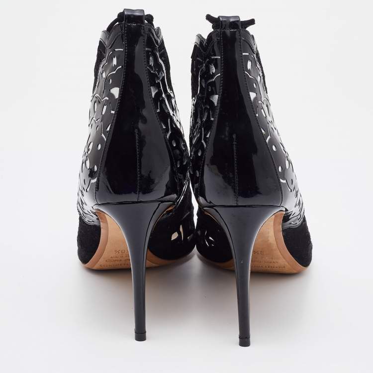 Pre Owned Nicholas Kirkwood Black/Silver Laser Suede and Patent Leather Lace Up Booties Size 40.5