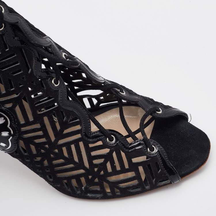 Pre Owned Nicholas Kirkwood Black/Silver Laser Suede and Patent Leather Lace Up Booties Size 40.5