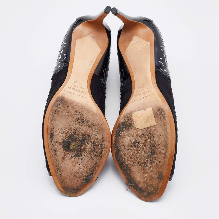 Pre Owned Nicholas Kirkwood Black/Silver Laser Suede and Patent Leather Lace Up Booties Size 40.5