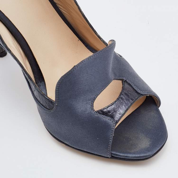 Pre Owned Nicholas Kirkwood Grey Satin and Python Embossed Leather Slingback Pumps Size 38