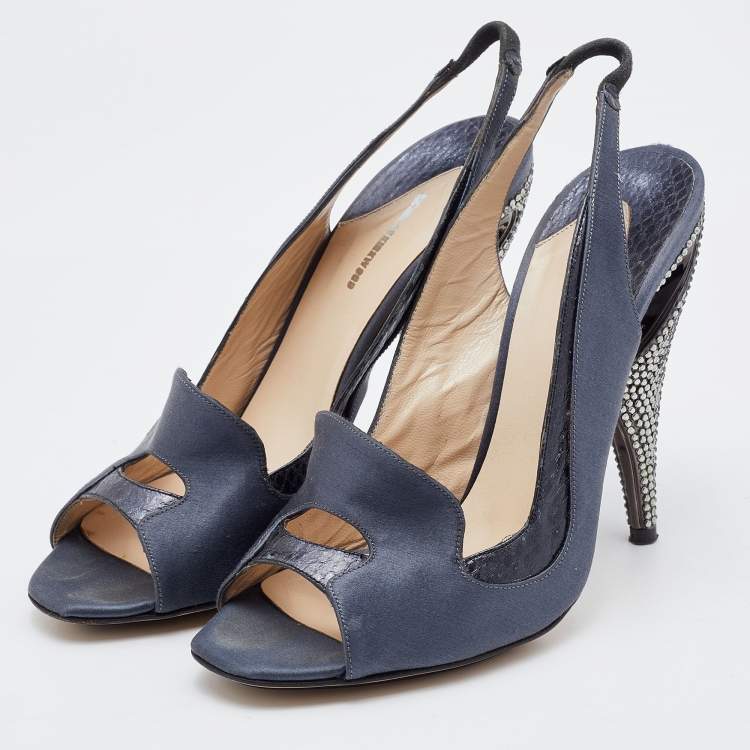 Pre Owned Nicholas Kirkwood Grey Satin and Python Embossed Leather Slingback Pumps Size 38