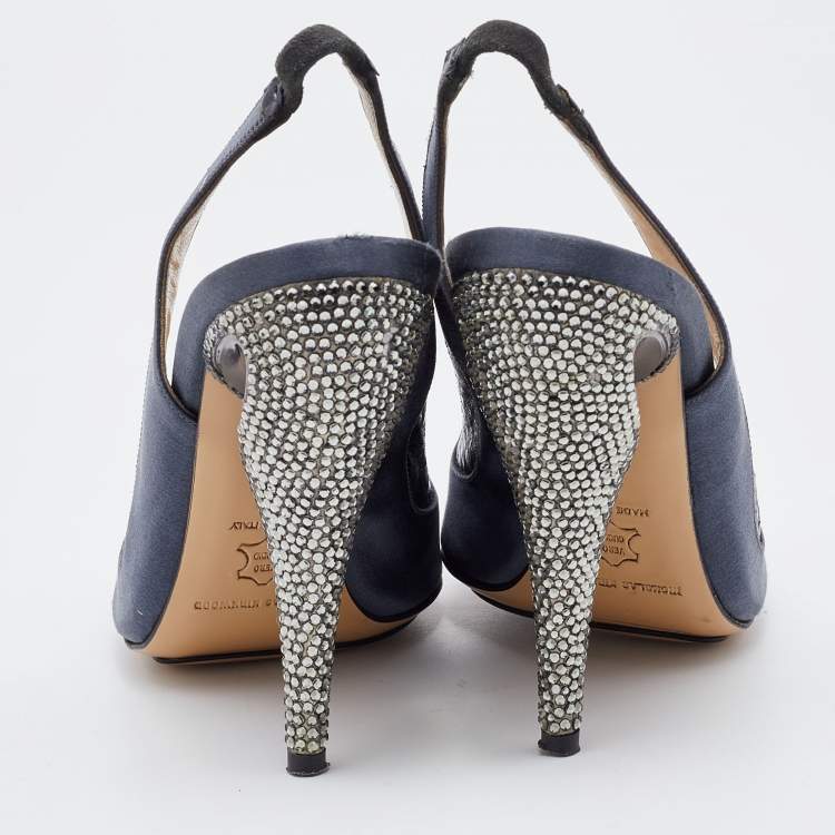 Pre Owned Nicholas Kirkwood Grey Satin and Python Embossed Leather Slingback Pumps Size 38