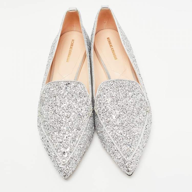 Pre Owned Nicholas Kirkwood Silver Leather and Glitter Beya Loafers Size 40.5