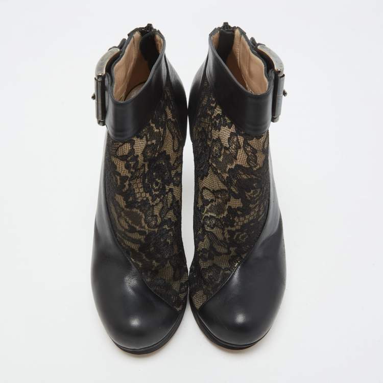 Pre Owned Nicholas Kirkwood Black Lace and Leather Ankle Booties Size 37