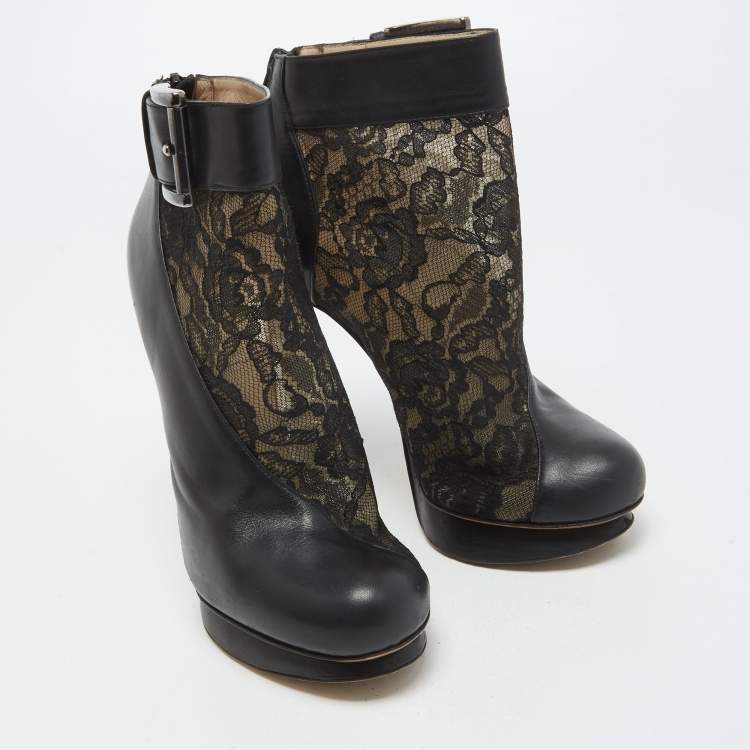 Pre Owned Nicholas Kirkwood Black Lace and Leather Ankle Booties Size 37