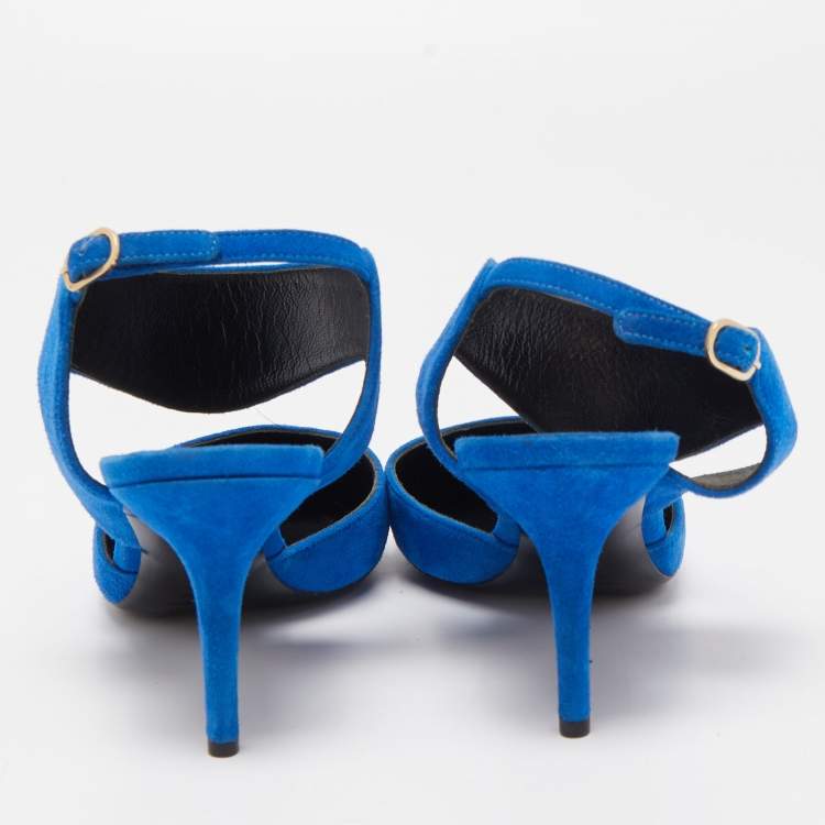 Pre Owned Nicholas Kirkwood Blue Suede Pointed Toe Ankle Strap Pumps Size 38.5