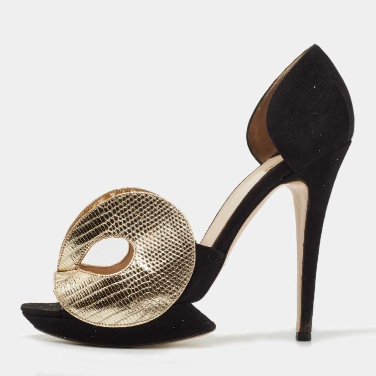 Pre Owned Nicholas Kirkwood Black /Gold Monochrome Suede Cut Out Peep Toe Platform Pumps Size 39