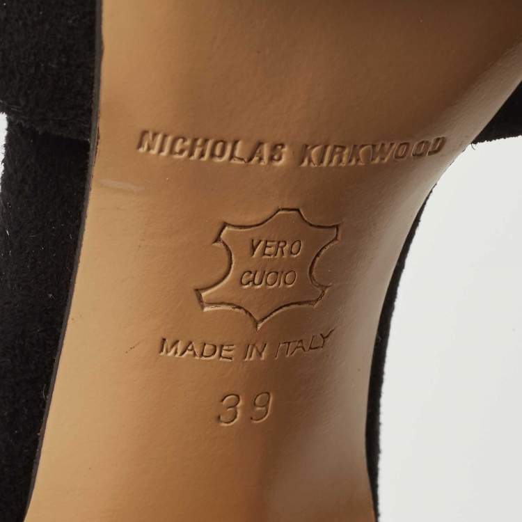 Pre Owned Nicholas Kirkwood Black /Gold Monochrome Suede Cut Out Peep Toe Platform Pumps Size 39