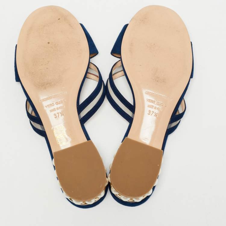 Pre Owned Nicholas Kirkwood Navy Blue Suede and Mesh Faux Pearl Embellished Flat Slides Size 37.5