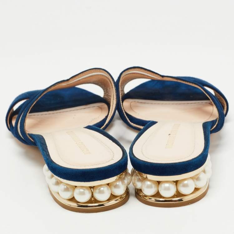 Pre Owned Nicholas Kirkwood Navy Blue Suede and Mesh Faux Pearl Embellished Flat Slides Size 37.5