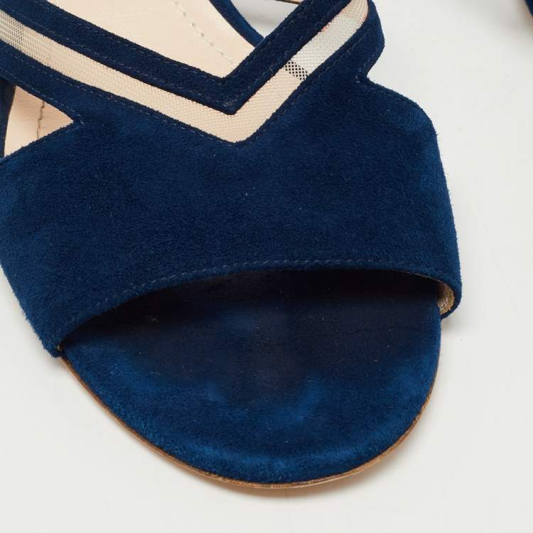 Pre Owned Nicholas Kirkwood Navy Blue Suede and Mesh Faux Pearl Embellished Flat Slides Size 37.5