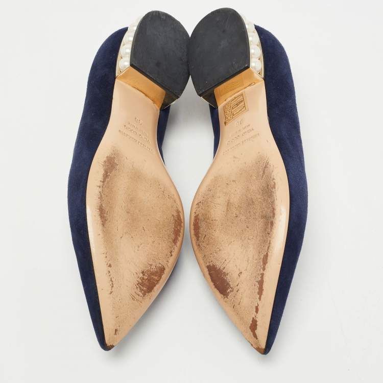 Pre Owned Nicholas Kirkwood Navy Blue Suede  Casati Faux Pearl Heel Pointed Toe Loafers Size 38